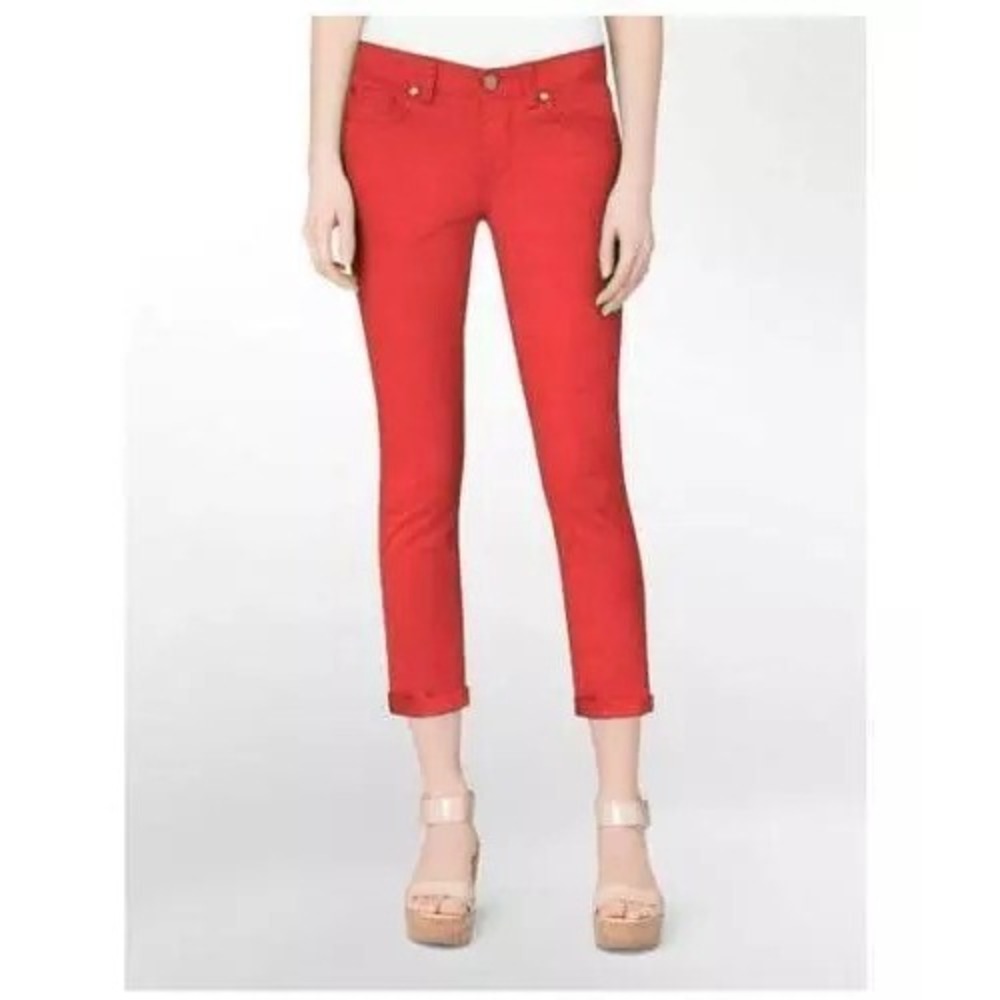 CALVIN KLEIN 8 Power Stretch Skinny Crop Jeans Wildflower Red Orange Mid Rise
